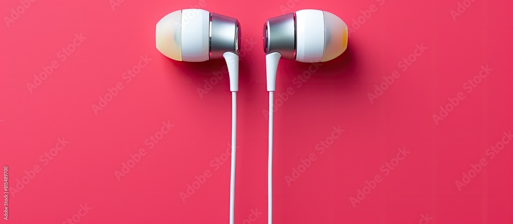 Poster a copy space image showing white wired earbuds placed flat on a vibrant background as seen from abov