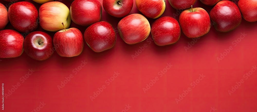Poster A vibrant image displaying fresh apples arranged in a flat lay composition on a red background with ample space available for adding text
