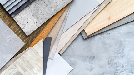 top view of interior finishing material combination containing wooden and concrete vinyl tiles white laminate  grey fabric grey interior wallpaper and synthesis stone samples : Generative AI