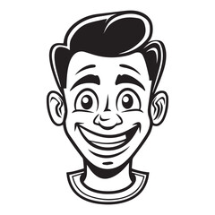 Simple and flat icon of cartoon smiling man face, black vector illustration on white background
