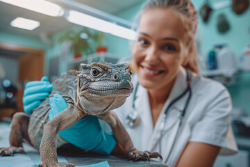 Veterinarian vaccinating an exotic pet in an animal hospital. Professional care in a clean, well-lit environment. Focus on pet health and veterinary expertise.