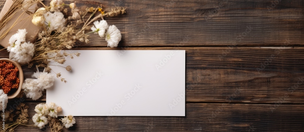 Poster Top view of an invitation or greeting card mockup placed on a wooden background adorned with dry flowers There is plenty of empty space for customization. Creative banner. Copyspace image