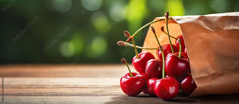 Poster a close up of cherries stored in a kraft paper bag to avoid using plastic bags that can cause contam