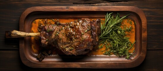 A deliciously cooked goat leg with thyme served on a steel tray The image shows the dish placed on a wooden background seen from above. Creative banner. Copyspace image