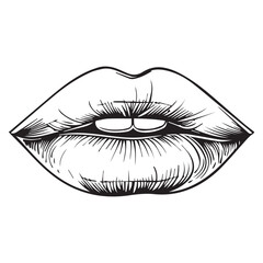 Simple sketch logo icon of cartoon womans lips, black vector illustration on white background
