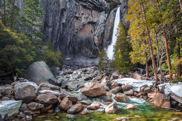 Gorgeous Flowing Day at Lower Yosemite Falls, Yosemite National Park, California