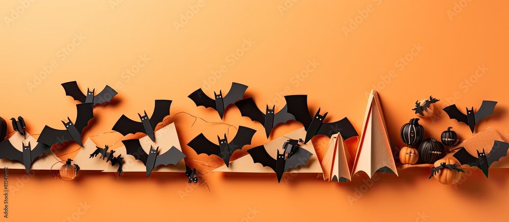 Poster From above there is a view of a bulletin board decorated with spooky wooden blocks and paper bat mice on an orange background The image provides copy space and conveys the concept of the Halloween ho