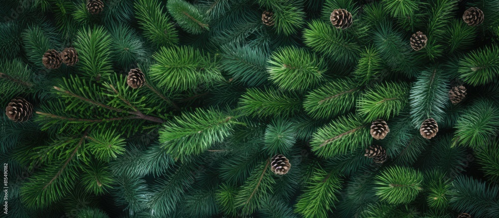 Fototapete A New Year holiday concept with a colorful background of green fir tree branches seen from above providing ample copy space for designs or text