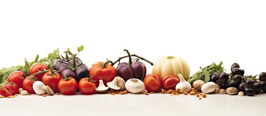 A copy space image of fresh tomatoes olives garlic and hard cheese placed on a white background