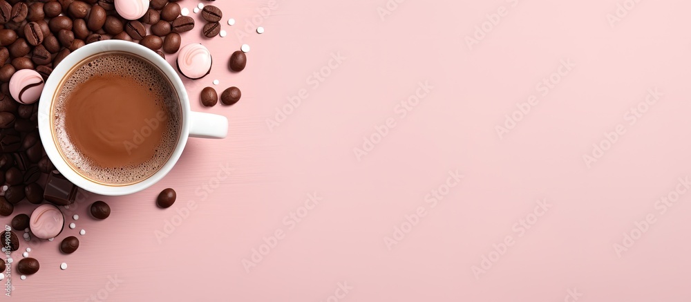 Leinwandbilder a top down flat lay view of a cup of steaming hot chocolate accompanied by milk chocolate pieces con