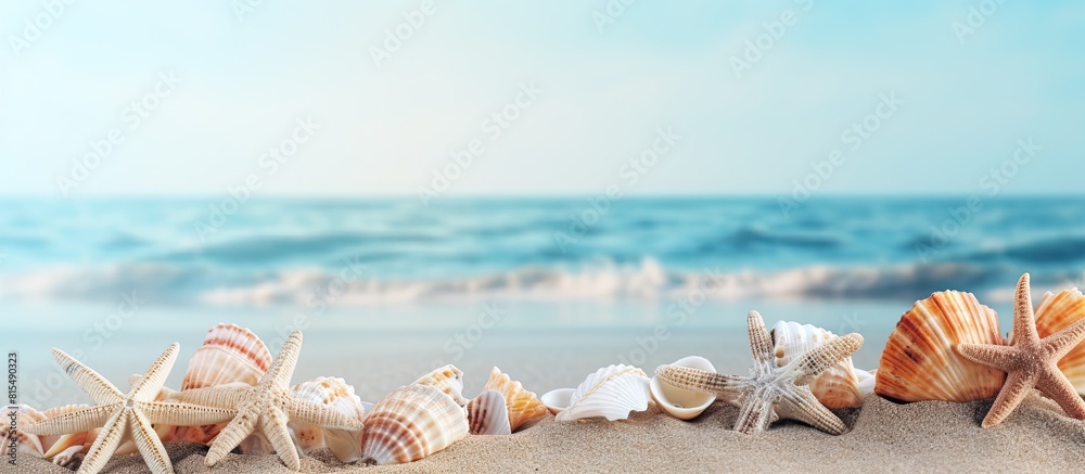 Aufkleber A sandy background adorned with sea shells providing ample room for a copy space image