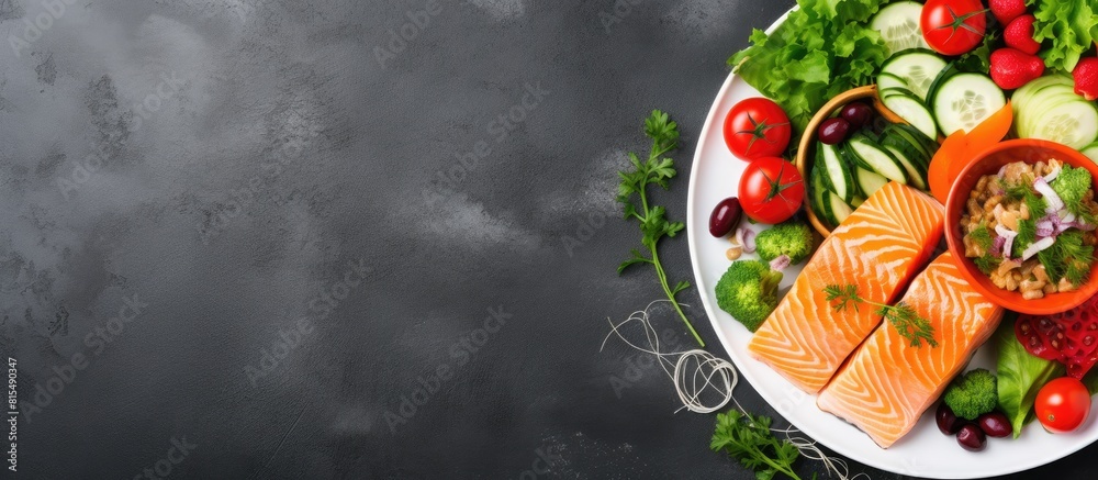 Aufkleber a top view of a ketogenic keto or paleo diet lunch bowl featuring a salted salmon salad with fresh g