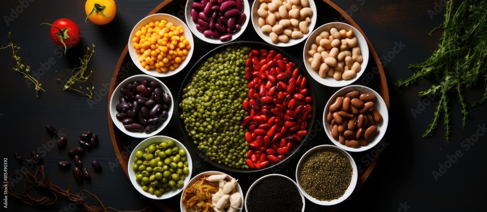 Poster A top view of a lentil based dish with a variety of beans served in a set menu concept is showcased against a food background with ample copy space