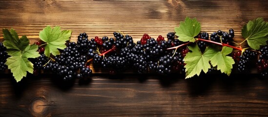 A frame with a copy space image for inscription on a wooden table displaying fresh organic berries including black currants