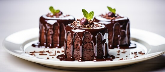 Close up of appetizing chocolate cakes on a white plate Copy space image