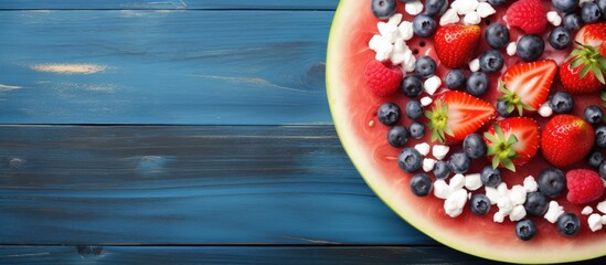 Top view background image for a summer themed healthy eating concept featuring a watermelon pizza adorned with berries fruits yogurt and feta cheese on a table Ample space for text
