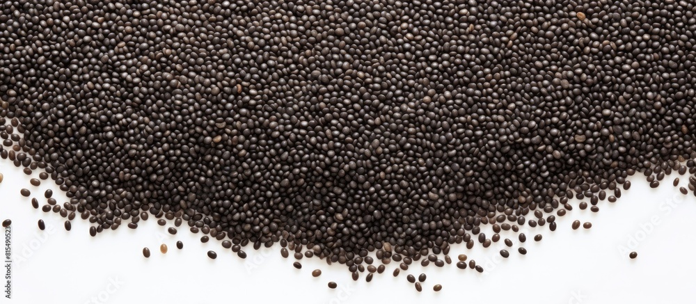 Poster Top view of black quinoa seeds on a white background with ample space for your text in the image