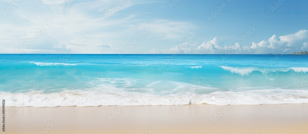 Poster A serene tropical beach with soft sand and gentle ocean waves that create a soothing atmosphere Perfect for a copy space image