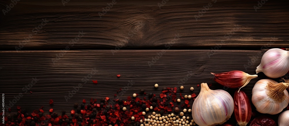 Poster top view of garlic shallots and dried chili on a wooden background this copy space image portrays a 