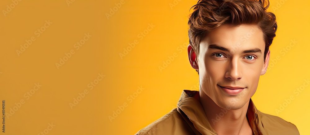 Poster copy space image of a youthful and attractive man captured in a portrait against a vibrant colored b