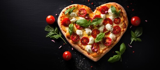 Valentine s Day themed heart shaped pizza topped with mozzarella and tomatoes presented on a slate A perfect image for romantic dining or date night Copy space available