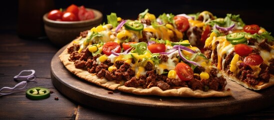 A visually appealing copy space image of a homemade Mexican Taco Pizza with a delightful blend of nacho chips beans fresh vegetables and succulent beef meat