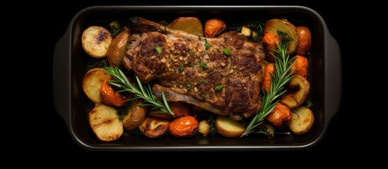 Top view of a copy space image showcasing a baking dish filled with roasted lamb mutton leg potatoes and rosemary set against a white background
