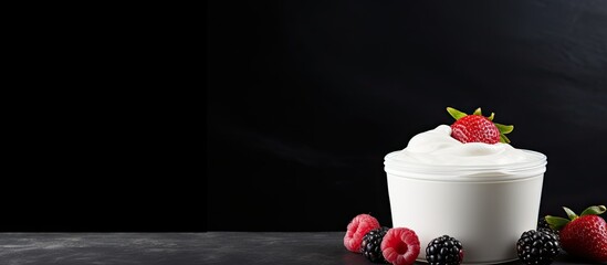 A low fat yogurt is showcased in a plastic cup placed on top of a blackboard This copy space image presents a healthy and delicious dairy treat