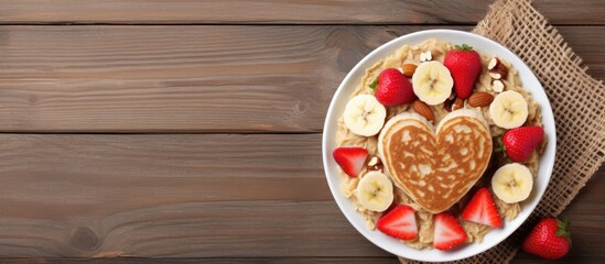 Valentine s Day celebration with heart shaped pancakes dried banana and nuts on a light wooden background A delightful copy space image