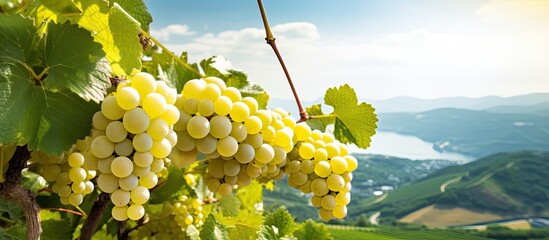 A copy space image of white wine grapes against the scenic backdrop of Badacsony mountain at a vineyard