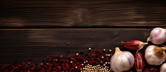 Top view of garlic shallots and dried chili on a wooden background This copy space image portrays a tantalizing food concept with essential ingredients for cooking