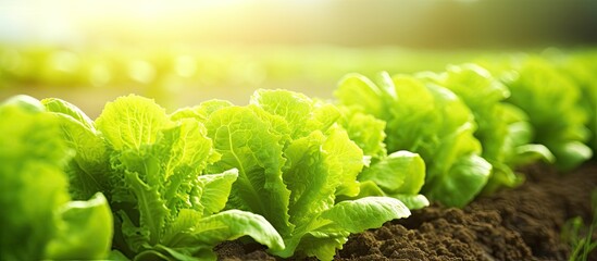 Closeup of organic green lettuce plants in a vegetable garden The rows of healthy lettuce create a natural background Copy space image available