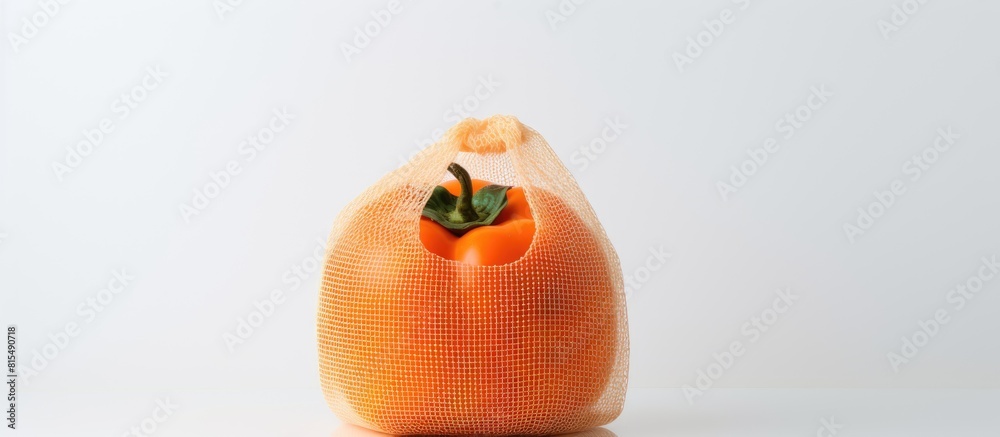 Poster A ripe orange persimmon is displayed in a mesh shopping bag set against a white background with empty space available for adding text. Creative banner. Copyspace image