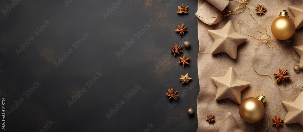Poster A festive New Year s background with Christmas decorations arranged on a linen texture The design is a celebration of Xmas featuring a flat lay pattern with ample copy space for added creativity