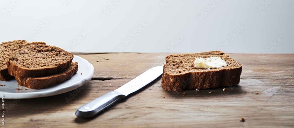 Poster on a white wooden table there is a copy space image featuring a slice of brown bread accompanied by 