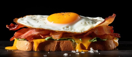 A mouthwatering homemade sandwich filled with a perfectly cooked sunny side up egg crispy bacon and served on toasted bread ready to be devoured copy space image
