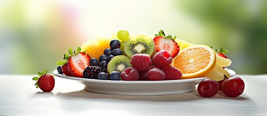 A copy space image featuring a plate of nutritious and vibrant fresh fruits representative of a healthy and balanced diet