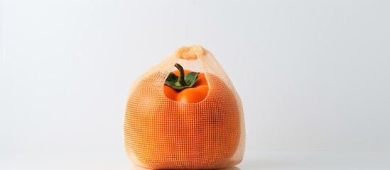 A ripe orange persimmon is displayed in a mesh shopping bag set against a white background with empty space available for adding text. Creative banner. Copyspace image