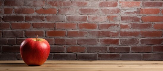 A copy space image of an apple placed on a wooden table with a red brick wall as the backdrop