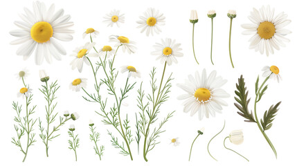 Set of chamomile elements, featuring chamomile flowers, buds, and delicate feathery leaves, known for their calming properties