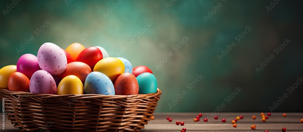 Poster colorful easter eggs in a woven basket on a colored background portraying a holiday concept with amp