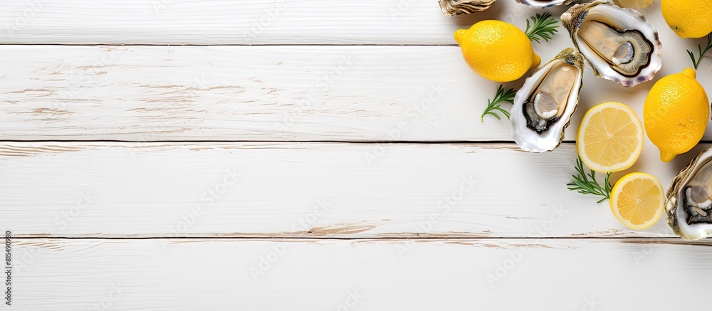 Poster a seafood dish featuring fresh oysters accompanied by lemon beautifully presented in a top view comp