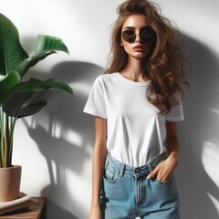 A woman wearing sunglasses and a white t shirt mockup image attractive.