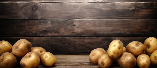 A wooden background showcases a close up view of whole potatoes leaving room for additional images or text