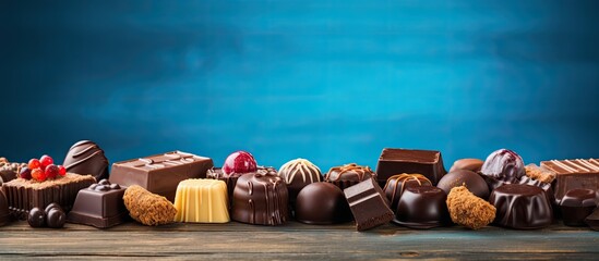 A copy space image of chocolates displayed on a rustic blue wooden table