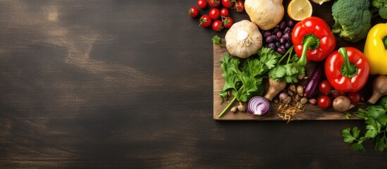 Top view of salad ingredients on a table with a cutting board creating a healthy food backdrop with ample room for your text in the form of a copy space image