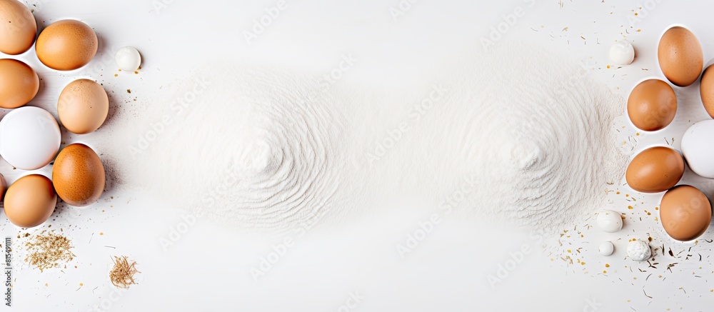 Aufkleber Top view of eggs and flour on a white background creating a copy space image for baking preparation