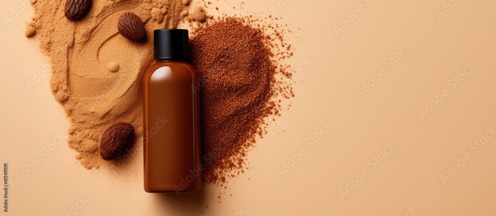 Poster a natural hair coloring option with henna powder cream and liquid in a bottle placed on a beige back
