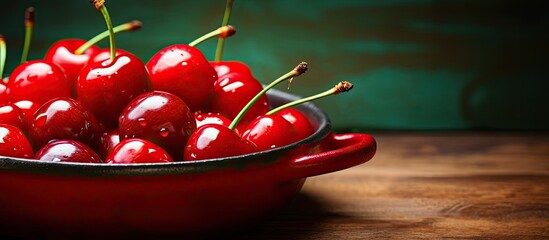 An old pan with copy space showcases a closeup of a juicy red cherry creating a visually appealing horizontal image