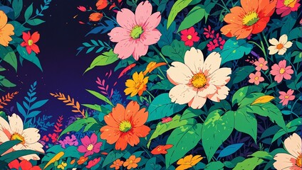 Colorful anime style floral illustration with vibrant flowers and leaves